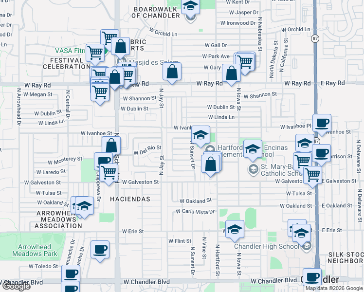 map of restaurants, bars, coffee shops, grocery stores, and more near 749 West Harrison Street in Chandler