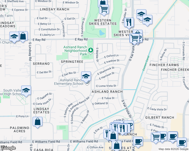 map of restaurants, bars, coffee shops, grocery stores, and more near 1342 East Shamrock Street in Gilbert