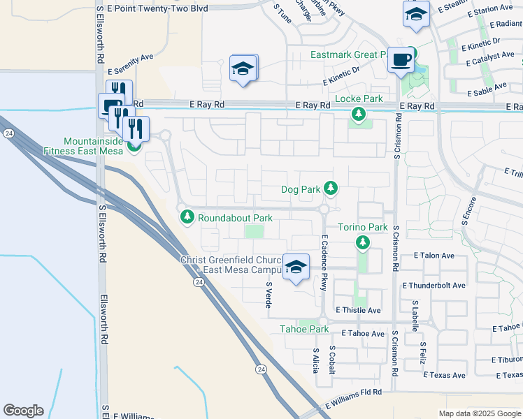 map of restaurants, bars, coffee shops, grocery stores, and more near East Cadence Parkway in Mesa