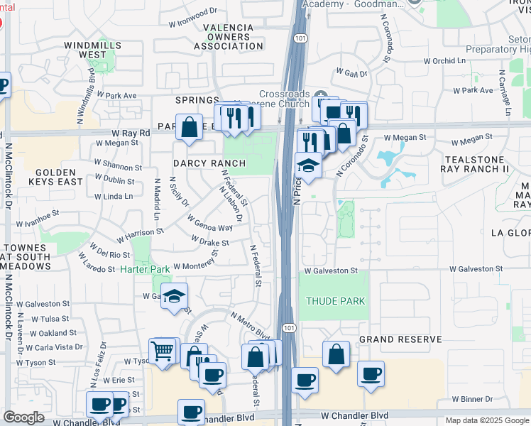 map of restaurants, bars, coffee shops, grocery stores, and more near 13 North Lisbon Drive in Chandler