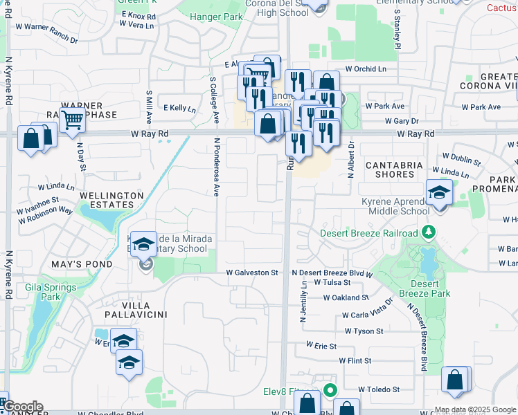 map of restaurants, bars, coffee shops, grocery stores, and more near 5090 West Ivanhoe Street in Chandler