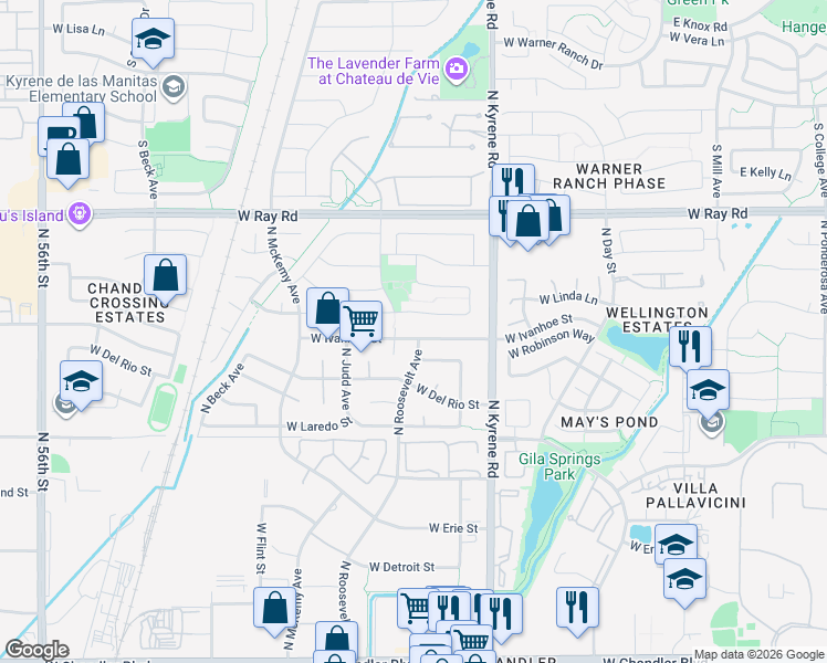 map of restaurants, bars, coffee shops, grocery stores, and more near 6204 West Ivanhoe Street in Chandler