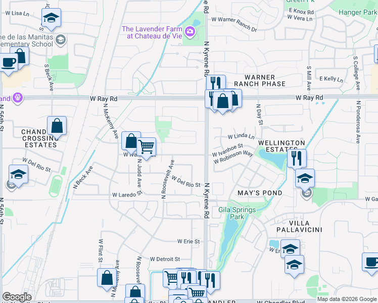 map of restaurants, bars, coffee shops, grocery stores, and more near 6061 West Linda Lane in Chandler