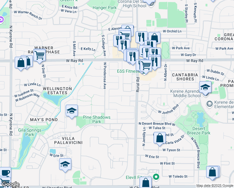 map of restaurants, bars, coffee shops, grocery stores, and more near 5175 West Linda Lane in Chandler