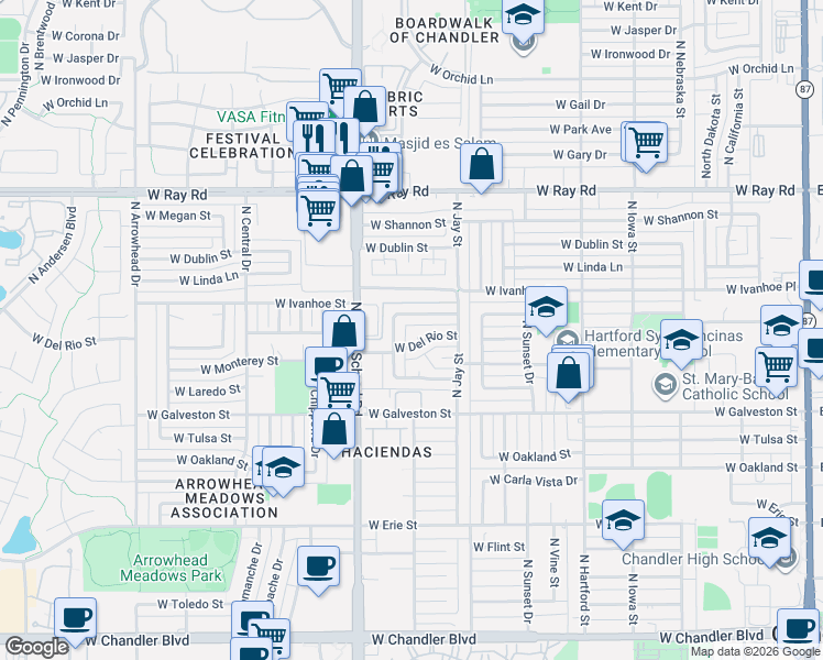 map of restaurants, bars, coffee shops, grocery stores, and more near 843 West Harrison Street in Chandler