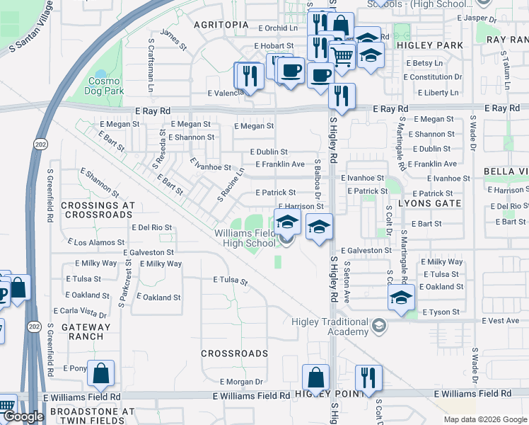 map of restaurants, bars, coffee shops, grocery stores, and more near 2978 East Harrison Street in Gilbert