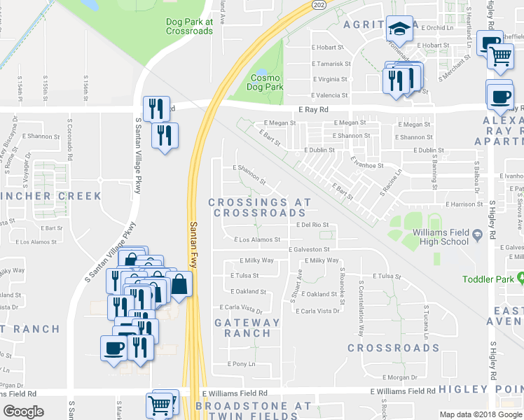 map of restaurants, bars, coffee shops, grocery stores, and more near 2536 East Harrison Court in Gilbert