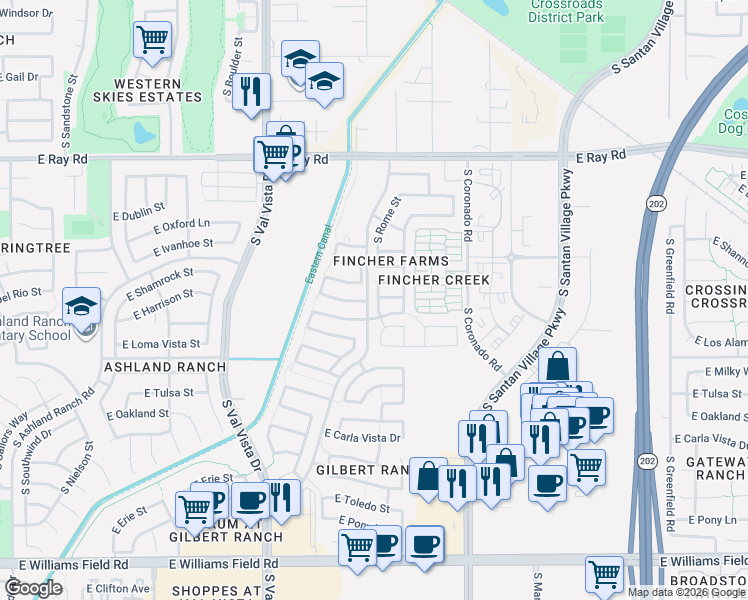 map of restaurants, bars, coffee shops, grocery stores, and more near 1793 East Harrison Street in Gilbert