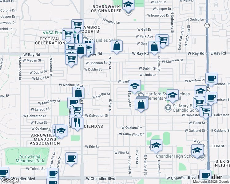 map of restaurants, bars, coffee shops, grocery stores, and more near 773 North Jay Street in Chandler
