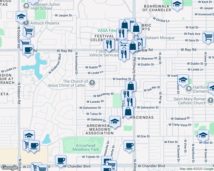 map of restaurants, bars, coffee shops, grocery stores, and more near 761 North Comanche Drive in Chandler