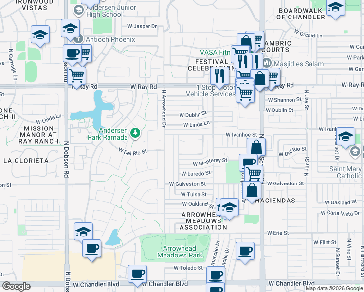 map of restaurants, bars, coffee shops, grocery stores, and more near 1249 West Ivanhoe Street in Chandler