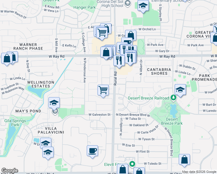 map of restaurants, bars, coffee shops, grocery stores, and more near 5010 West Ivanhoe Street in Chandler