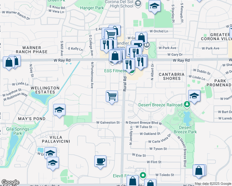 map of restaurants, bars, coffee shops, grocery stores, and more near 5090 West Ivanhoe Street in Chandler