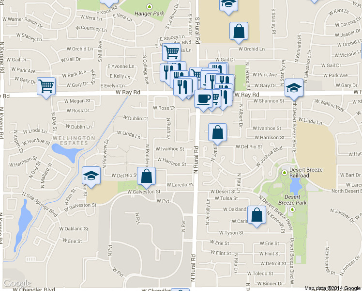 map of restaurants, bars, coffee shops, grocery stores, and more near 5090 West Ivanhoe Street in Chandler