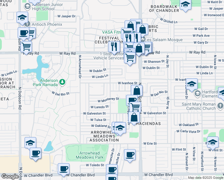 map of restaurants, bars, coffee shops, grocery stores, and more near 761 North Comanche Drive in Chandler