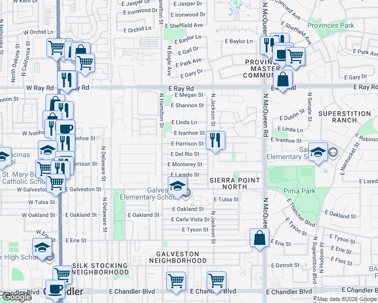 map of restaurants, bars, coffee shops, grocery stores, and more near 673 East Harrison Street in Chandler