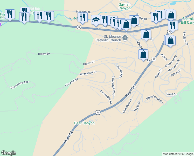 map of restaurants, bars, coffee shops, grocery stores, and more near 101-109 Edinburgh Place in Ruidoso