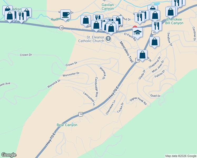 map of restaurants, bars, coffee shops, grocery stores, and more near 101-143 Cambridge Way in Ruidoso