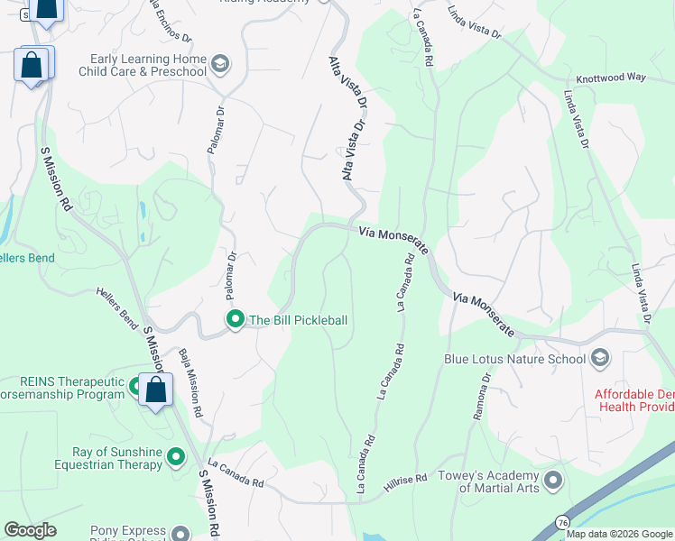 map of restaurants, bars, coffee shops, grocery stores, and more near 4034 Bridlewood Road in Fallbrook