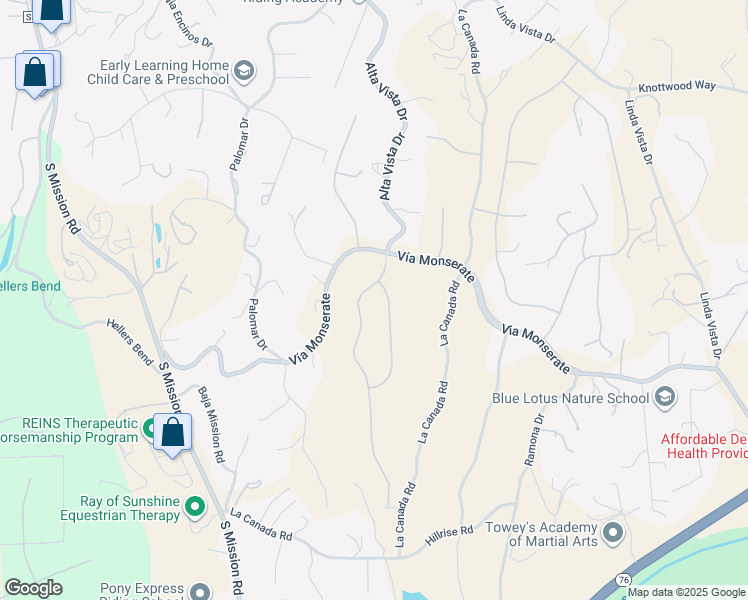 map of restaurants, bars, coffee shops, grocery stores, and more near 4034 Bridlewood Road in Fallbrook