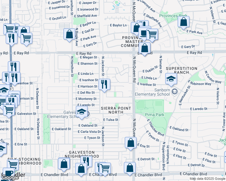 map of restaurants, bars, coffee shops, grocery stores, and more near 891 East Harrison Street in Chandler