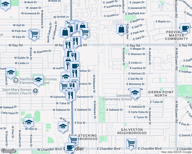 map of restaurants, bars, coffee shops, grocery stores, and more near 790 North Exeter Street in Chandler