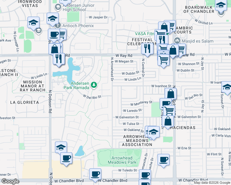 map of restaurants, bars, coffee shops, grocery stores, and more near 785 North Arrowhead Drive in Chandler