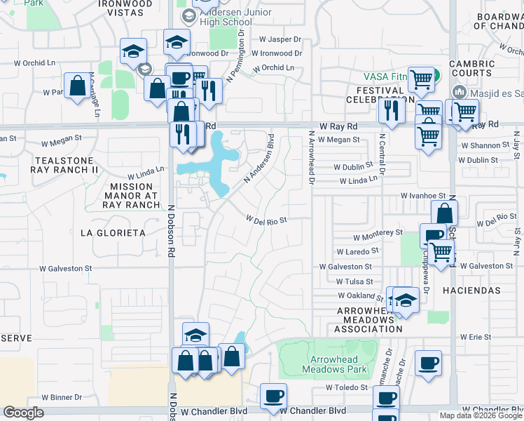 map of restaurants, bars, coffee shops, grocery stores, and more near 1731 West Ivanhoe Street in Chandler