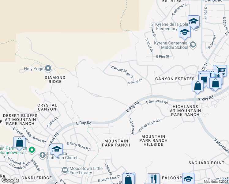 map of restaurants, bars, coffee shops, grocery stores, and more near 14407 South Canyon Drive in Phoenix