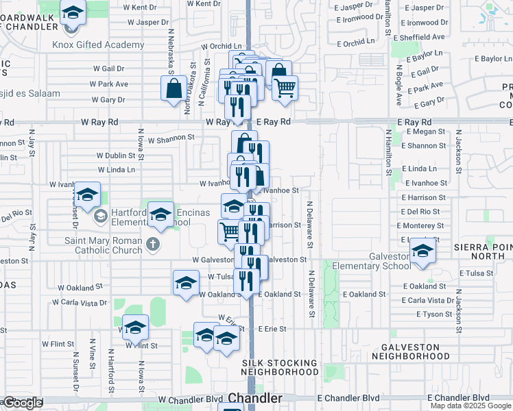 map of restaurants, bars, coffee shops, grocery stores, and more near 751 North Arizona Avenue in Chandler