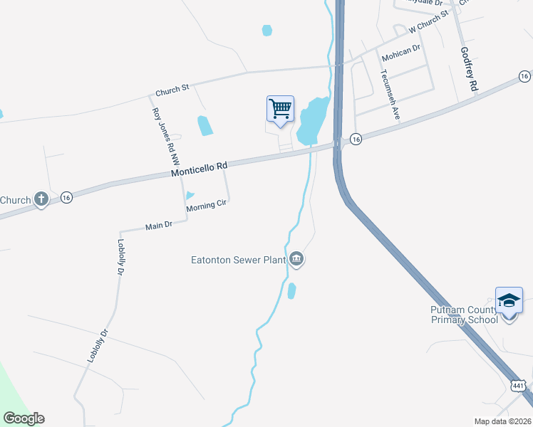 map of restaurants, bars, coffee shops, grocery stores, and more near 769 Monticello Road in Eatonton