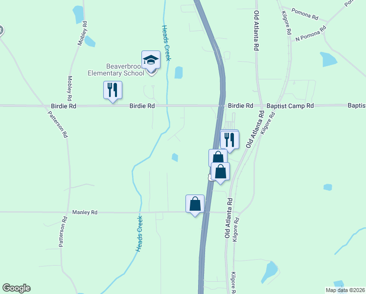 map of restaurants, bars, coffee shops, grocery stores, and more near 108 Bluebird Lane in Griffin