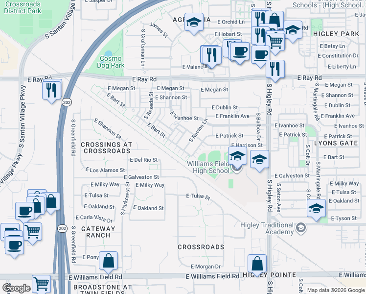 map of restaurants, bars, coffee shops, grocery stores, and more near 1869 South Rochester Drive in Gilbert