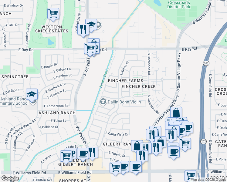 map of restaurants, bars, coffee shops, grocery stores, and more near 1793 East Harrison Street in Gilbert