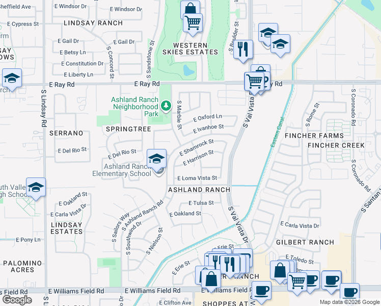 map of restaurants, bars, coffee shops, grocery stores, and more near 1381 East Shamrock Street in Gilbert