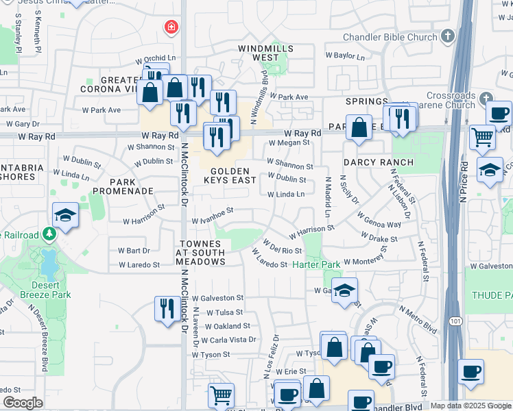 map of restaurants, bars, coffee shops, grocery stores, and more near 3714 West Ivanhoe Street in Chandler