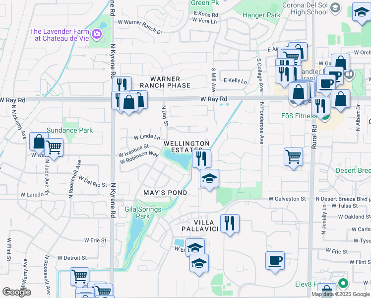 map of restaurants, bars, coffee shops, grocery stores, and more near 5691 West Linda Lane in Chandler
