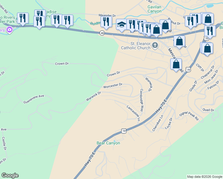 map of restaurants, bars, coffee shops, grocery stores, and more near 101 Edinburgh Place in Ruidoso