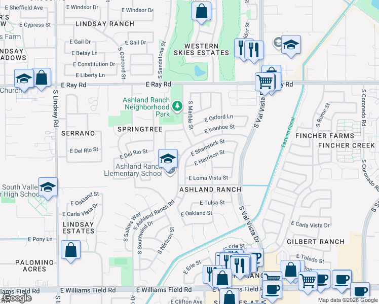 map of restaurants, bars, coffee shops, grocery stores, and more near 1342 East Shamrock Street in Gilbert