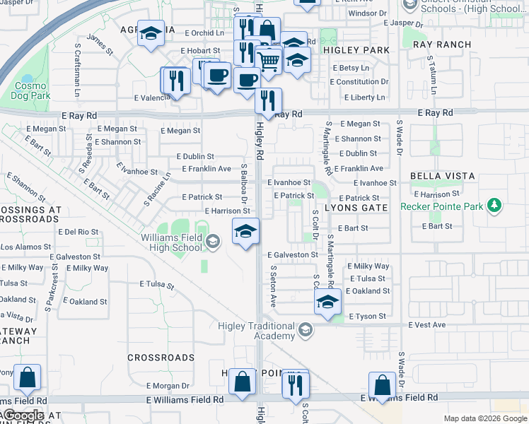 map of restaurants, bars, coffee shops, grocery stores, and more near 1869 South Balboa Drive in Gilbert