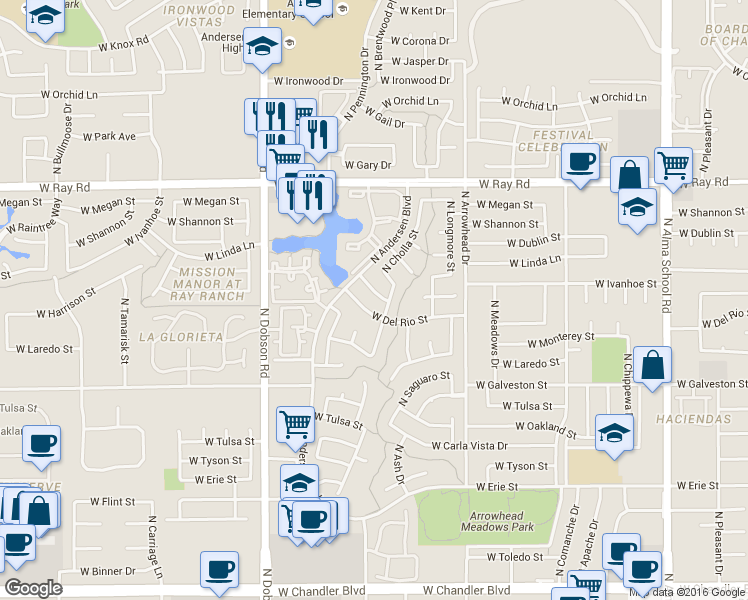 map of restaurants, bars, coffee shops, grocery stores, and more near 1731 West Ivanhoe Street in Chandler