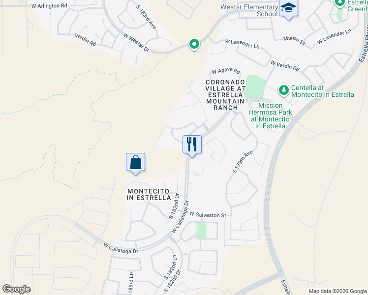 map of restaurants, bars, coffee shops, grocery stores, and more near 14182 South 182nd Drive in Goodyear