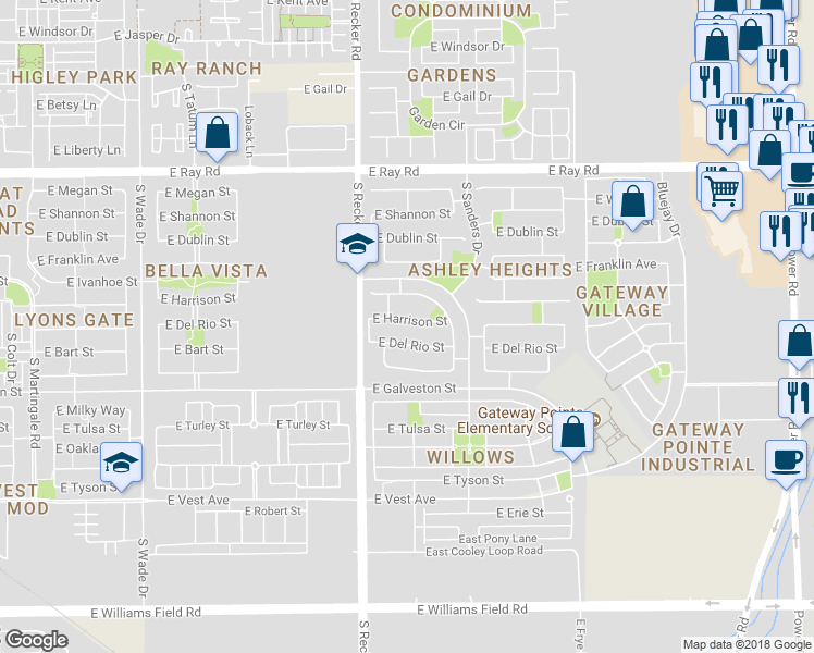 map of restaurants, bars, coffee shops, grocery stores, and more near 4083 East Harrison Street in Gilbert