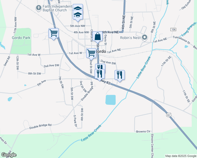 map of restaurants, bars, coffee shops, grocery stores, and more near Highway 159 in Gordo