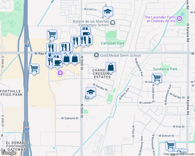 map of restaurants, bars, coffee shops, grocery stores, and more near 6803 West Ivanhoe Street in Chandler