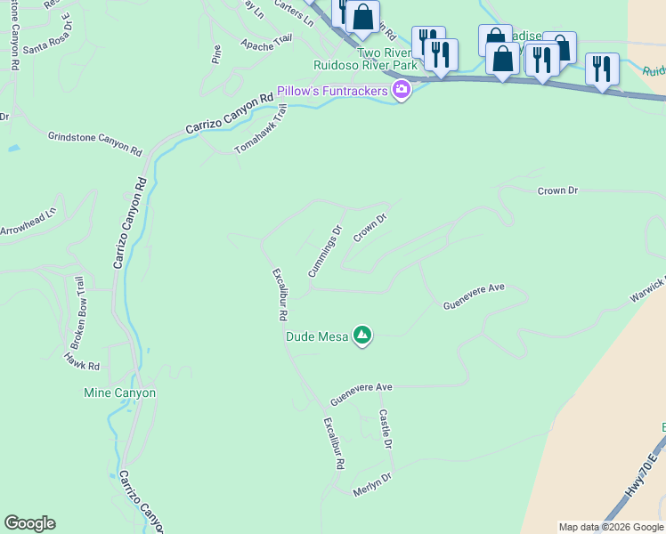 map of restaurants, bars, coffee shops, grocery stores, and more near 299 Crown Drive in Ruidoso