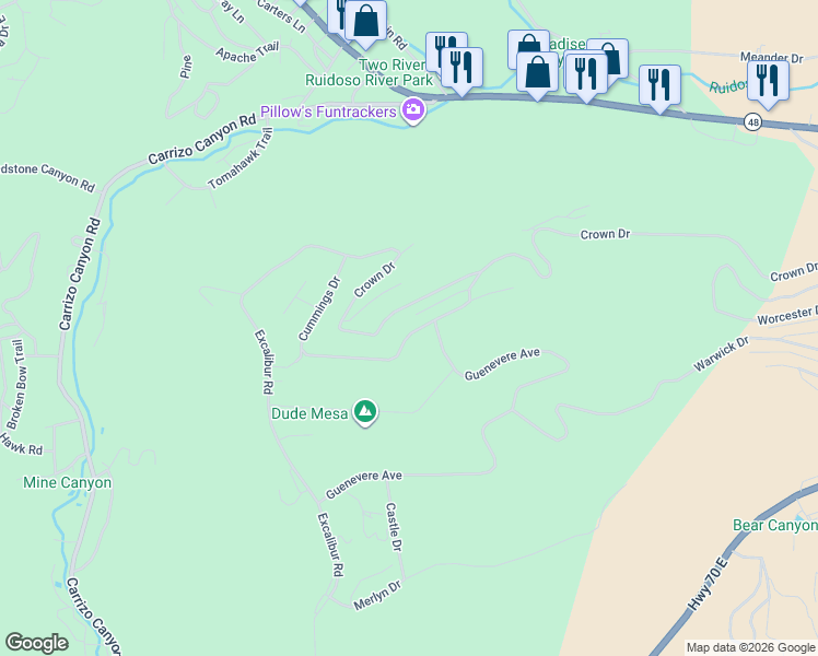 map of restaurants, bars, coffee shops, grocery stores, and more near 215-225 Crown Dr in Ruidoso