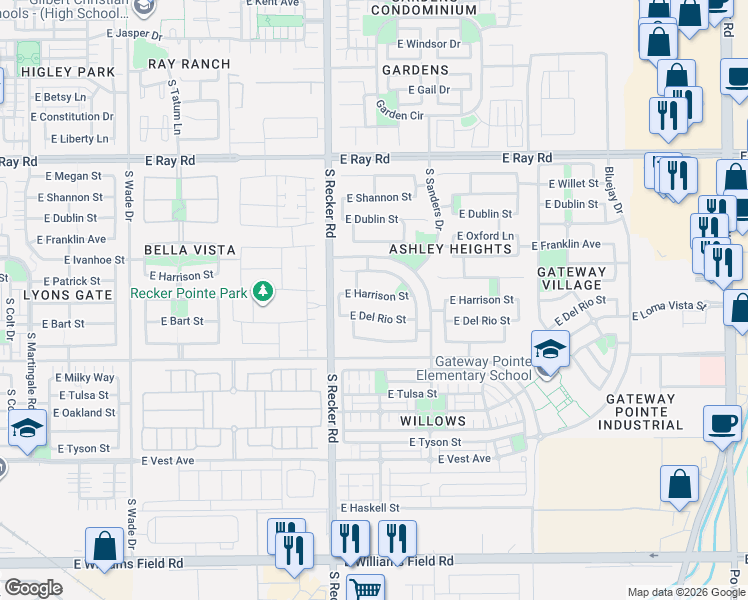 map of restaurants, bars, coffee shops, grocery stores, and more near 4083 East Harrison Street in Gilbert
