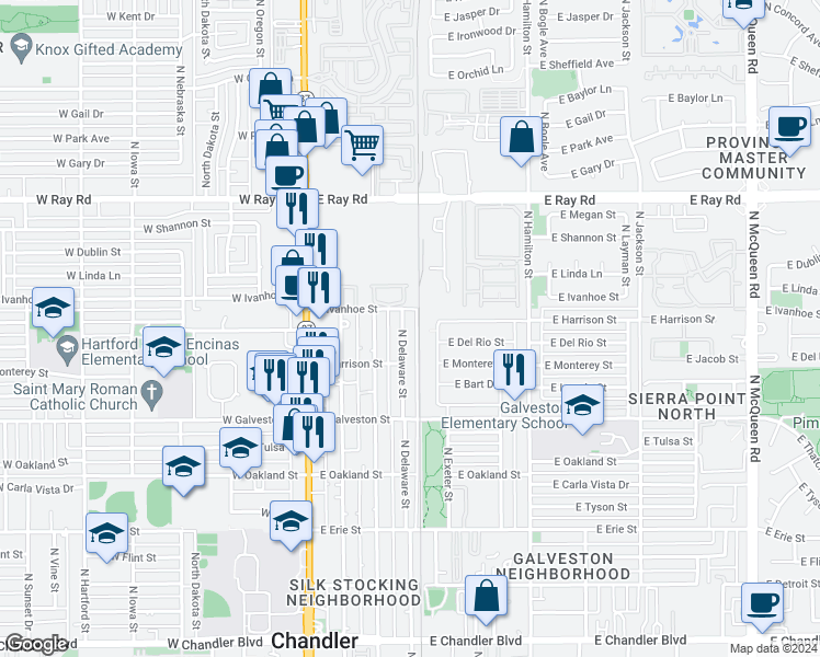 map of restaurants, bars, coffee shops, grocery stores, and more near 790 North Exeter Street in Chandler