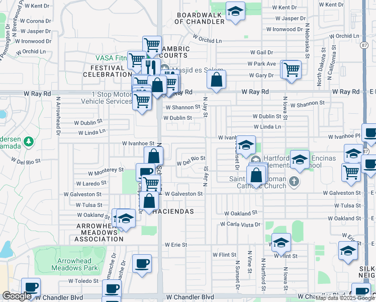 map of restaurants, bars, coffee shops, grocery stores, and more near 843 West Harrison Street in Chandler